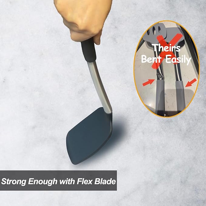 2 Pack Spatulas, Solid & Slotted Silicone Spatula Set, Stainless Steel Handle Coated with Silicone, Non Stick Turners, Heat Resistant Rubber Spatulas for Fish, Eggs, Pancakes, WOK, Black - Image 4