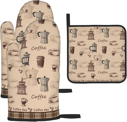 Vintage Coffee Themed Oven Mitts Heat Resistant,Vintage Pot Holder and Oven Mitts Set of 3 for Baking Cooking Grilling BBQ,Housewarming Gifts & Baking Gifts for Women Coffee Lover