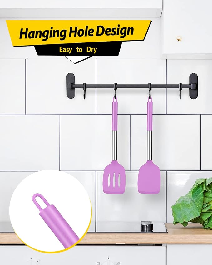 Pack of 2 Silicone Solid Turner, Non Stick Slotted Kitchen Spatulas, High Heat Resistant BPA Free Cooking Utensils, Ideal Cookware for Fish, Eggs, Pancakes(Purple) - Image 4