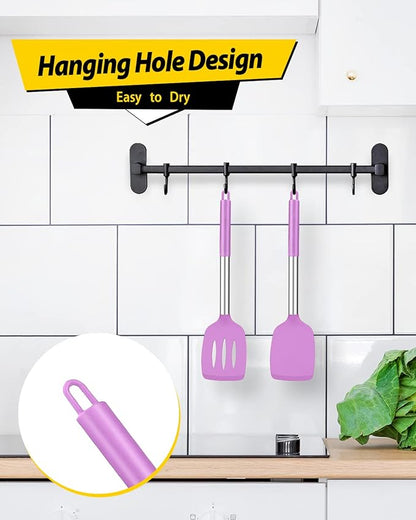 Pack of 2 Silicone Solid Turner, Non Stick Slotted Kitchen Spatulas, High Heat Resistant BPA Free Cooking Utensils, Ideal Cookware for Fish, Eggs, Pancakes(Purple) - Image 4