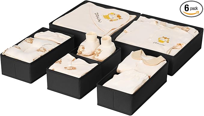DIMJ Drawer Organizer Clothes 6 Pack - Foldable Baby & Nursery Organization Dresser Dividers for Bedroom, Closet - Black by DiMJ