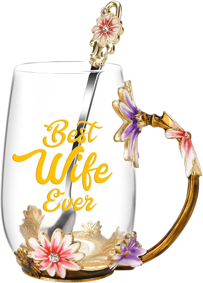 OEAGO Gifts for Wife from Husband Romantic Tea Cup Gifts for Her Birthday Flower Glass Mugs Wedding Mothers Day Christmas Anniversary by OEAGO