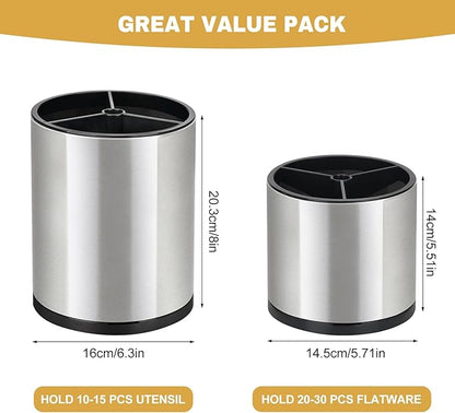 2Pack Kitchen Utensil Holder Set - 360° Rotating Stainless Steel Large Cooking Utensil Stand for Counter, 3 Compartment Flatware Caddy with Removable Base for Knife, Fork & Spoon Organizer - Sliver - Image 2