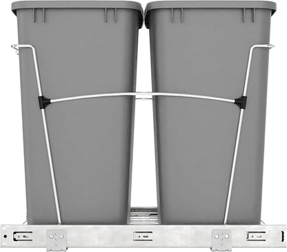 Rev-A-Shelf Double Pullout Trash Can for Kitchen Cabinets 35 Qt Garbage Recycling Bin on Full-Extension Slides, Silver, RV-18KD-17C S