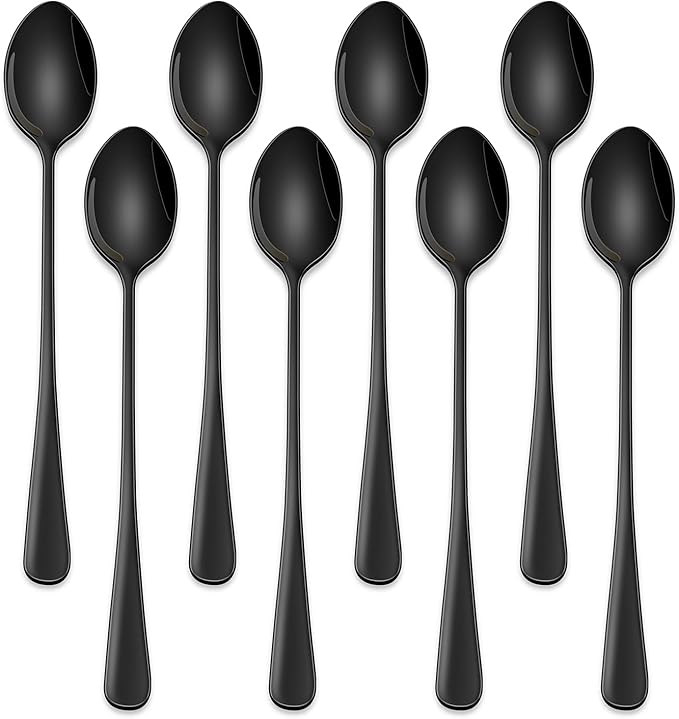 7.5 Inches Black Coffee Stirring Spoons Set,Set Of 8 Stanless Steel Iced Teaspoons,Long Handle Mixing Spoons For Cocktail And Sundae,Long Ice Cream Spoons by DEHOVKitchen