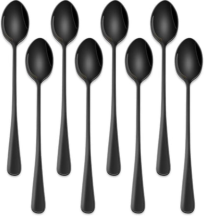 7.5 Inches Black Coffee Stirring Spoons Set,Set Of 8 Stanless Steel Iced Teaspoons,Long Handle Mixing Spoons For Cocktail And Sundae,Long Ice Cream Spoons by DEHOVKitchen