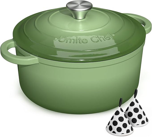 Umite Chef Enameled Cast Iron Dutch Oven-7QT Pot with Lid Cookbook & Cotton, Heavy-Duty Cookware for for Bread Baking, Braising, Stews, Marinate, Cook(Sage Green) by UmiteChef