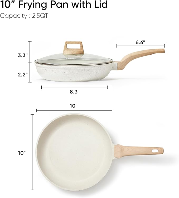 CAROTE Non Stick Frying Pan Skillet,10" Nonstick Fry Pan with Glass Lid, Egg Pan Omelet Pans, Granite Cookware PFOA Free White Granite, 10-Inch - Image 2