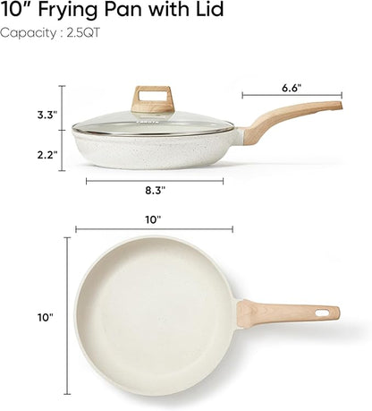 CAROTE Non Stick Frying Pan Skillet,10" Nonstick Fry Pan with Glass Lid, Egg Pan Omelet Pans, Granite Cookware PFOA Free White Granite, 10-Inch - Image 2