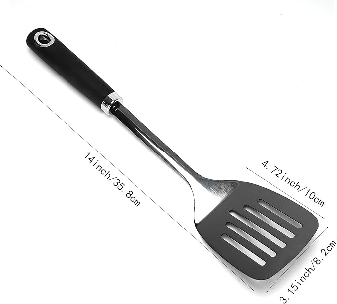 Metal Spatula, Stainless Steel Slotted Turner for Kitchen Use, Heat-Resistant Non-Slip Silicone Handle, Cooking Spatula for Pancakes, Eggs, Burgers, Black