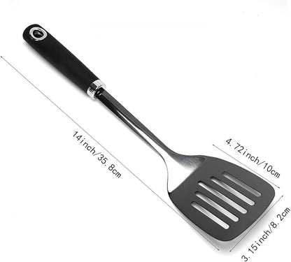 Metal Spatula, Stainless Steel Slotted Turner for Kitchen Use, Heat-Resistant Non-Slip Silicone Handle, Cooking Spatula for Pancakes, Eggs, Burgers, Black