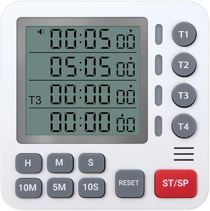 TPNEG Digital Kitchen Timer - 4-Channel Cooking Timer with Alarm, Magnetic Back, Loud & Silent Modes, Count Up/Down, Ideal for ovens, Seniors, Kids and classrooms, Replaceable AAA Battery by TPNEG