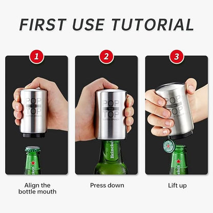 Pop The Top Bottle Opener, Automatic Beer Bottle Opener with Magnetic Cap Catcher, Push&Pop Stainless Steel One Handed Bottle Openers for Bar Kitchen Home Restaurant Beer Gift