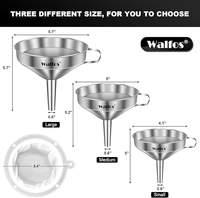 Walfos 3Pcs Kitchen Funnel with 2 Removable Strainer ＆ 1 Cleaning Brush & 1Pc 200 Mesh Food Filter Strainer, Food Grade Stainless Steel Funnel for Transferring of Liquid, Oils, Jam, Dry Ingredients - Image 5