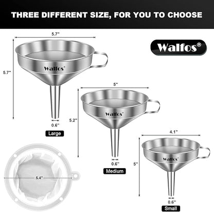Walfos 3Pcs Kitchen Funnel with 2 Removable Strainer ＆ 1 Cleaning Brush & 1Pc 200 Mesh Food Filter Strainer, Food Grade Stainless Steel Funnel for Transferring of Liquid, Oils, Jam, Dry Ingredients - Image 5