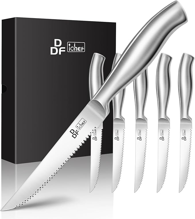 DDF iohEF Steak Knife Set, 6 Piece Steak Knife, High Carbon Japanese Stainless Steel Serrated Steak Knives by DDFiohEF
