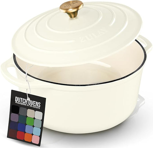 Zulay Kitchen 7.7 Quart Enameled Cast Iron Dutch Oven Pot with Lid – Premium Durability & Oven Safe up to 500°F – Heavy Duty Cookware Perfect for Bread Baking, Stews, Braising & Roasting – Ivory by ZulayKitchen