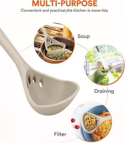 Large Silicone Ladle Spoon for Soup, Non Stick Kitchen Utensils with High Heat Resistant, BPA Free, Perfect Kitchen Tools for Cooking, Stirring,Serving Soups, 13.2inch (Khaki)