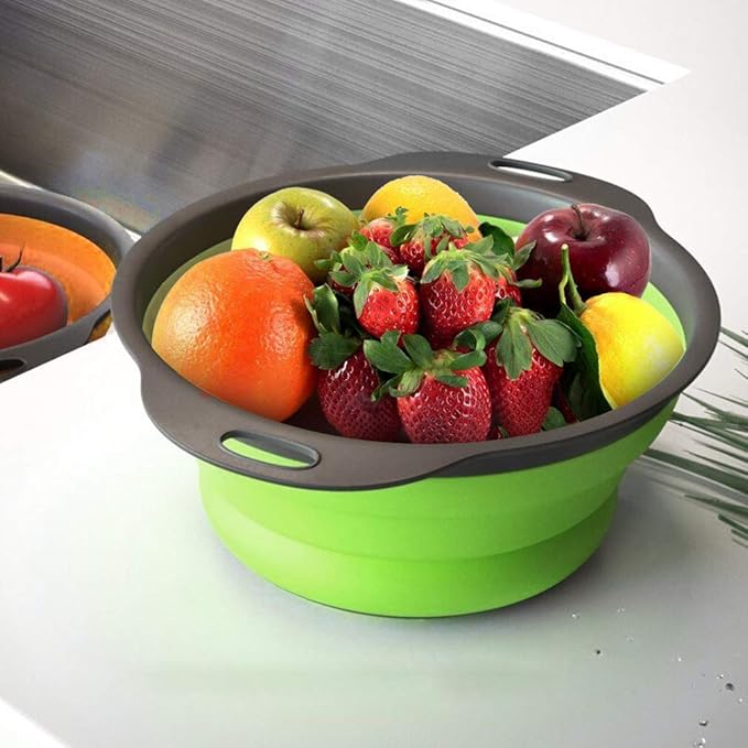 QiMH Collapsible Colander Set of 3-2 PC 4 Quart and 1 PC 6 Quart Over the Sink Colander - Food-Grade Sturdy Plastic Base - Round Space-save Silicone Kitchen Foldable Food Strainer - Image 7
