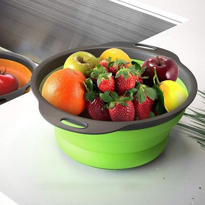 QiMH Collapsible Colander Set of 3-2 PC 4 Quart and 1 PC 6 Quart Over the Sink Colander - Food-Grade Sturdy Plastic Base - Round Space-save Silicone Kitchen Foldable Food Strainer - Image 7