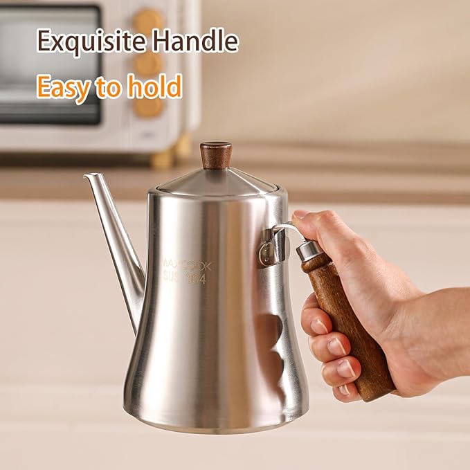 18/8 Stainless Steel Olive Oil Dispenser 600ml/20.2oz Drip-Free Pouring Oil Pot Storage Container Wooden Handle