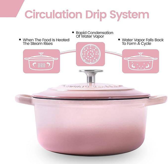 EDGING CASTING Enameled Cast Iron Covered 5.5 Quart Dutch Oven with Dual Handle, Dutch Ovens with Lid for Bread Baking, Pink - Image 4