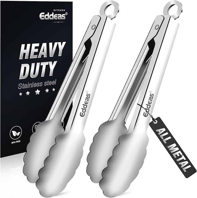 Eddeas 2 Pcs 7 Inch Small Tongs, Heavy Duty Stainless Steel Kitchen Tongs, For Cooking, Food, Buffet, Salad, Fruits, Bread, Dishwasher Safe by Eddeas