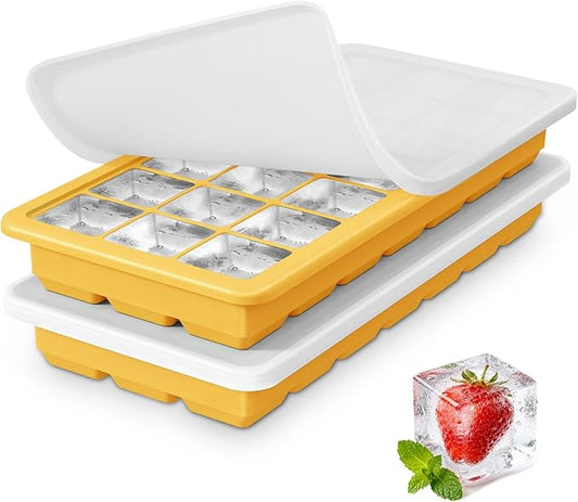 Silicone Ice Cube Trays 3Packs, Easy Release Ice Cube Molds with Lid, Freezer Stackable Ice Maker for Whiskey, Baby Food, BPA Free (2, Yellow) by Unknown