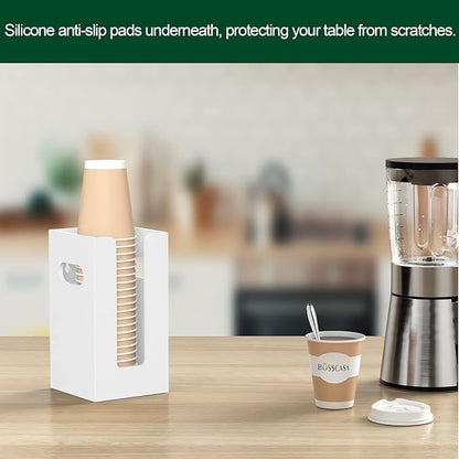 Disposable Coffee Cup Dispenser with Handles, Countertop or Wall Mount Hot/Cold Drink Cup and Lid Holder - Bathroom/Kitchen/Office Acrylic Cup Lid Storage Organizer (1 Compartment, White)