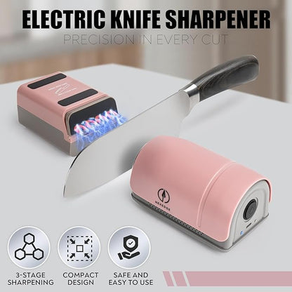 Rolling Knife Sharpener - Electric Knife Sharpener with 3 Heads & 3 Speeds, Adjustable 10°–25° Angle, Three-Stage Sharpening, Cordless Kitchen & Outdoor Knife Sharpening Kit