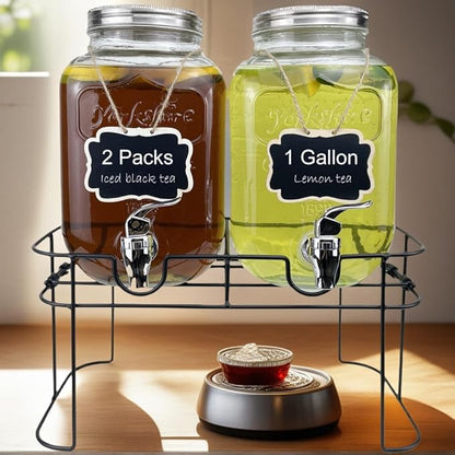 1 Gallon Glass Drink Dispenser for Parties, 2 Packs Juice Lemonade Ice Tea Water Dispenser with Stand, HENABLE Beverage Dispensers with Spigot for BBQ, Picnic, Party - Image 3
