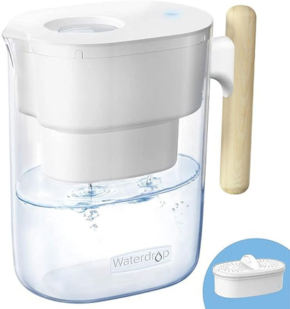 Waterdrop PT-04W Water Filter Pitcher, 10-Cup Capacity, NSF Certified, 200-Gallon Long-Life Filter, 5X Longer Filter Life, Reduces PFOA/PFOS and Chlorine, BPA-Free, Sturdy Wooden Handle, White
