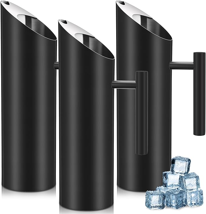 Funnymoom 3 Pack 53oz/1.5l Stainless Steel Water Pitcher Modern Metal Pitcher with Ice Guard Black Carafe Drink with Handle or Iced Hot Drink Tea Juice Coffee Beer by Funnymoom