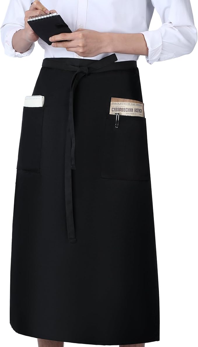 Xtinmee 4 Pcs Bistro Aprons 2 Pockets 32 Inch Waterproof Half Waist Black Bistro Apron with Long Waist Ties for Server Chef Waiter Waitress Bartender