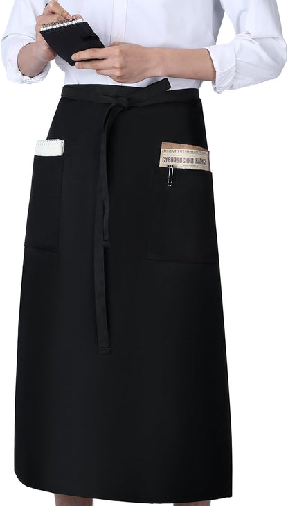 Xtinmee 4 Pcs Bistro Aprons 2 Pockets 32 Inch Waterproof Half Waist Black Bistro Apron with Long Waist Ties for Server Chef Waiter Waitress Bartender