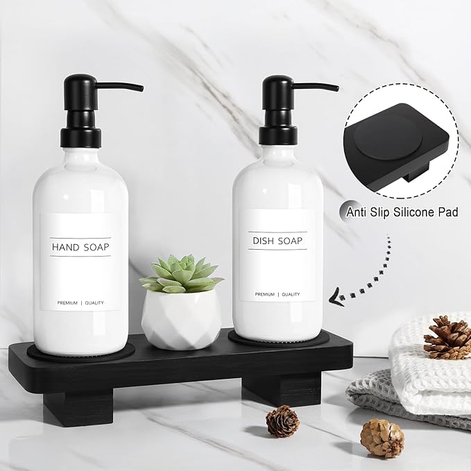 KASUNTING Hand Soap Dispenser for Kitchen, White Soap Dispensers with Stainless Steel Pump, Bathroom Soap Dispenser Set with Wood Riser Tray, Kitchen Dish Soap Dispensers Bathroom Decor(White) - Image 4