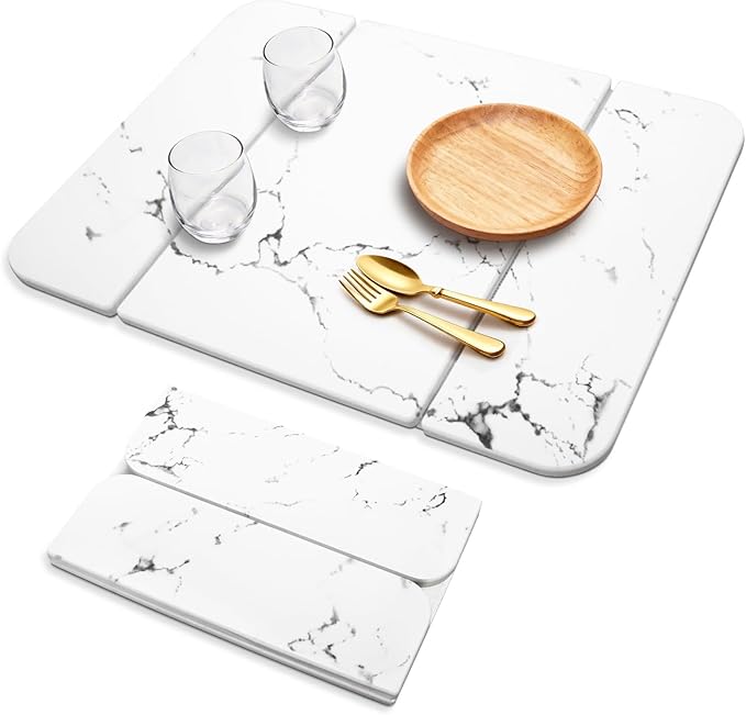 Stone Drying Mat for Kitchen Counter，Foldable Quick-Dry Dish Drying Mat，Water-Absorbent Marble Diatomaceous Earth Mats for Dishes, Cups & Bottles on Any Countertop(20"x16")