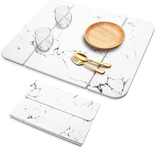 Stone Drying Mat for Kitchen Counter，Foldable Quick-Dry Dish Drying Mat，Water-Absorbent Marble Diatomaceous Earth Mats for Dishes, Cups & Bottles on Any Countertop(20"x16")