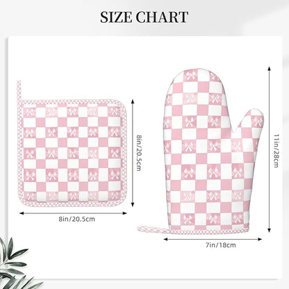 Oven Mitts and Pot Holders Pink Check Bow Pattern Silicone Kitchen Accessories Set of 4 Heat Resistant Long Gloves Potholder Non-Slip Grip for Chef Cooking Baking Grilling BBQ
