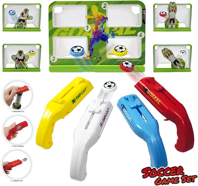 Cap Shooting Bottle Opener Gun - Launches Caps for World Cup Parties, BBQs & Adult Gatherings, Fun Gadget for Men, Unique Gag Gift for Sports Events (Blue red white yellow)