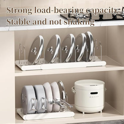 Expandable Pots and Pans Organizer Under Cabinet, 7 Stainless Steel Dividers, HIPS Base, 13-22 inch Heavy Duty Pan Rack with Lid Holder, Pot Organizer Inside Cabinet for Kitchen Storage