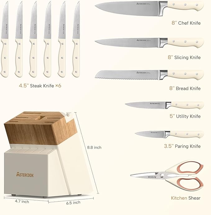 Knife Set,Astercook Kitchen Knife Set with Block 14-Piece Full Tang Stainless Steel Knives with Sharpener Dishwasher Safe and Anti-Slip Ergonomic Handle Mothers Day Gifts Utensils Set - Image 9