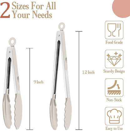 TeamFar Kitchen Tongs, 9" and 12" Stainless Steel Cooking Tongs with Silicone Tips for Cooking Grilling Serving & BBQ, Heat Resistant Silicone Tongs, Locking Design & Dishwasher Safe, Set of 2 & Khaki - Image 2