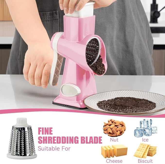 KEOUKE Rotary Cheese Grater Hand Crank Pink - Shredder Slicer Grinder 3 Stainless Steel Blades, Stable Suction, Labor-Saving Handle, Safe Kitchen Tool for Cheese, Vegetable, Nuts, Chocolate - Image 3