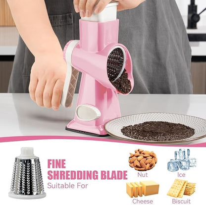 KEOUKE Rotary Cheese Grater Hand Crank Pink - Shredder Slicer Grinder 3 Stainless Steel Blades, Stable Suction, Labor-Saving Handle, Safe Kitchen Tool for Cheese, Vegetable, Nuts, Chocolate - Image 3