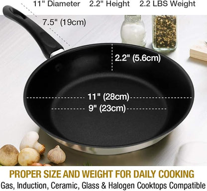 HOMICHEF 11 Inch Nonstick Frying Pan and Skillet - The Ultimate Omelet Pan with Glass Lid, Nickel Free Stainless Steel, Induction Compatible & Vented Cover
