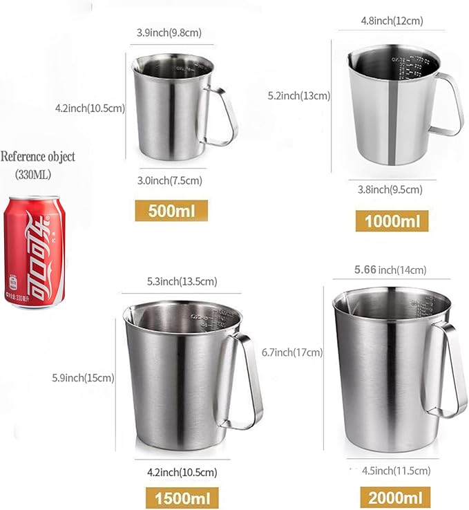 48Oz/6Cup Stainless Steel Pitcher (SUS304), 1.50 Liter Metal Container for Water, Milk, Liquid with Handle with Engraved Markings, Silver - Image 4