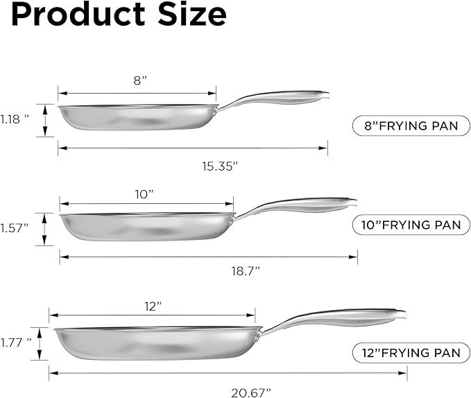 COOKER KING Stainless Steel Pans Set of 3 (8+10+12 Inch), Nonstick Frying Pans, Induction Pan Set, Chef's Pan, Skillets Dishwasher & Oven Safe, Stay-Cool Handles, Compatible with All Cooktops - Image 7