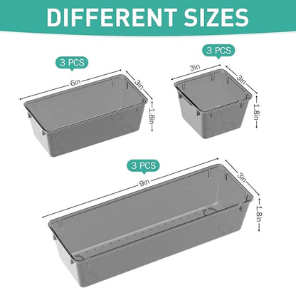 WOWBOX 9 Pack Clear Drawer Organizer Set, Acrylic Drawer Storage Trays, Storage Bins for Makeup, Cosmetics, Jewelries, Utensils, Gadgets, Office, Black - Image 2
