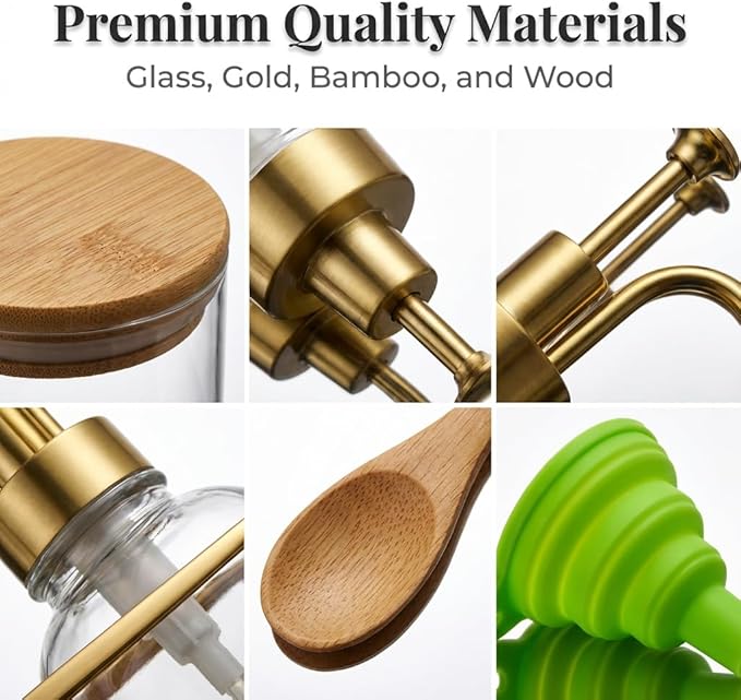 Coffee Bar Accessories, Coffee Syrup Dispenser-2 Pcs16.9 oz, Syrup Pump Dispenser for Coffee Bar, with Glass Bamboo Lid Jar with Spoon, Gold Pump Syrup Dispenser with Labels - Image 3